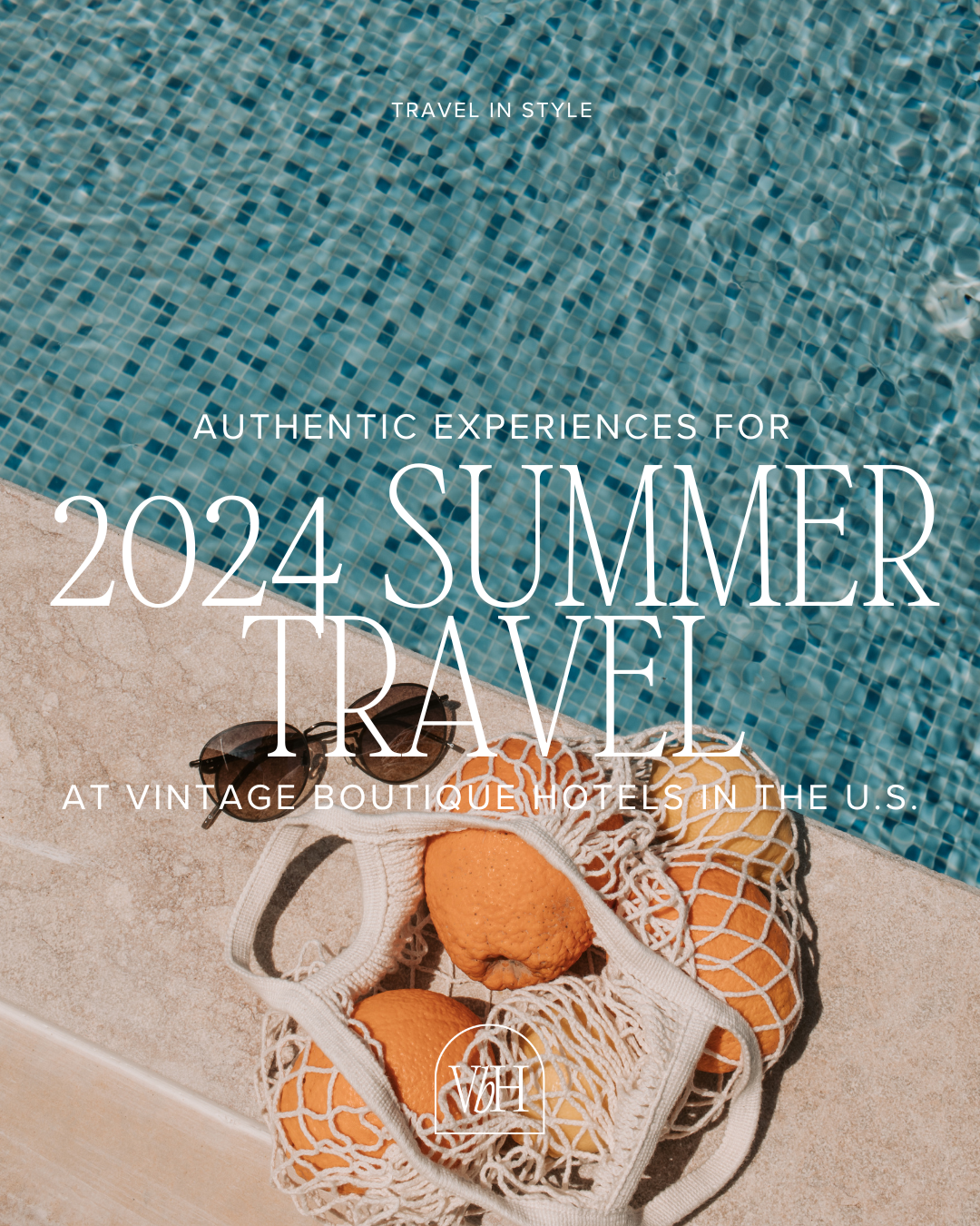 2024 Summer Travel: Discover Authentic Experiences at Vintage Boutique Hotels in the US - Photo of a tote bag full of oranges and sunglasses, poolside